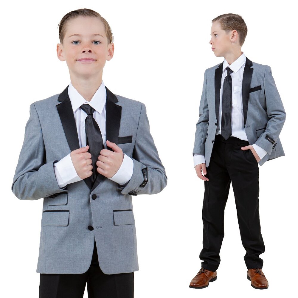 Boys 4pc Gray Suit Set Slim-Fit w/ Tuxedo Look by Tazzio